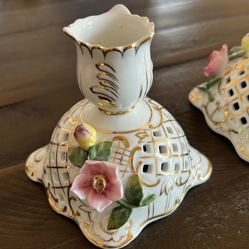 VINTAGE Two Museum of Jewelry Floral Candlestick Holders
